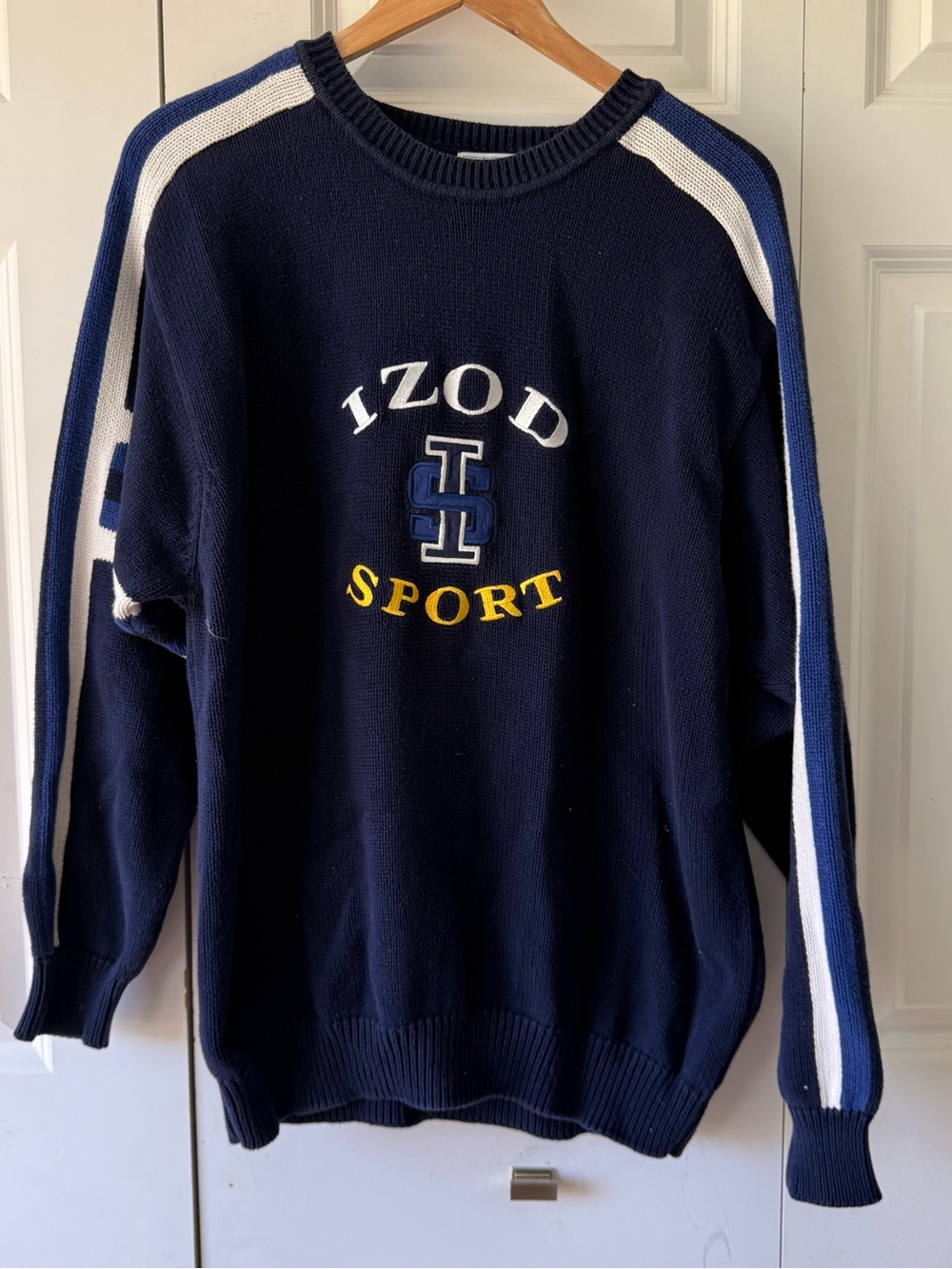 Izod Navy Crewneck Sweater with Blue and White Sleeve Stripes